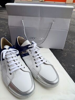 Men’s White Leather Sneakers with Navy and Silver Accents